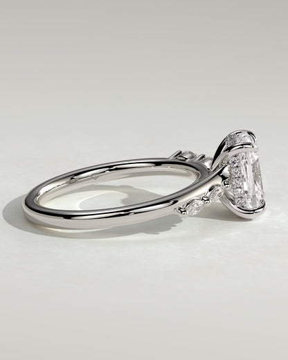 Elle - Elongated Cushion Claw Solitaire with Hidden Halo, Opposing Marquise Accents and Cathedral High Setting Engagement Ring - White Gold