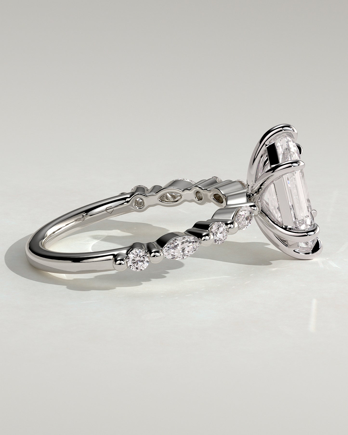Agnes - Elongated Hexagon Claw Solitaire with Marquise and Round Accent Stones Engagement Ring - Platinum - White Gold / Platinum 2ct