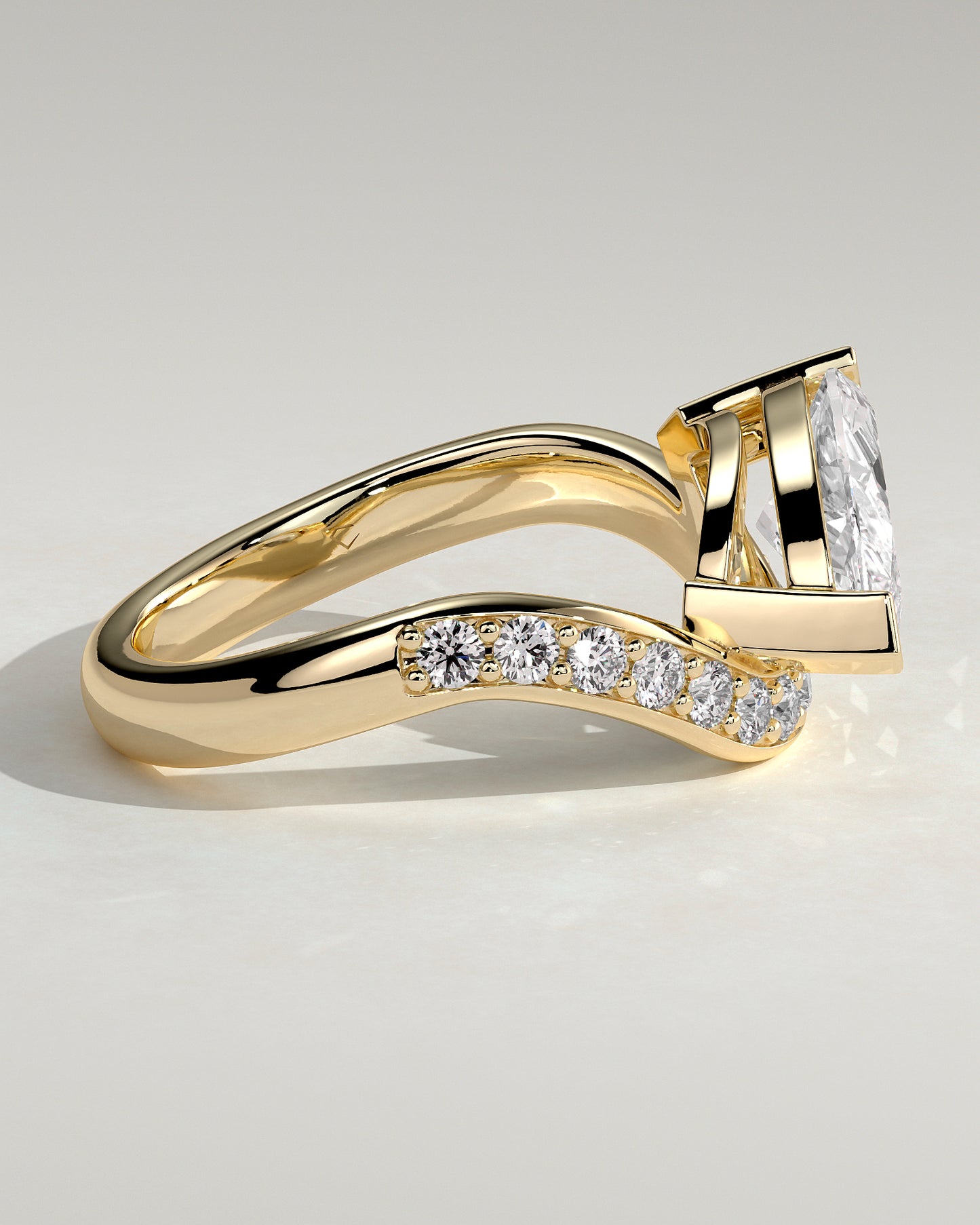 Lynn - Marquise Claw Solitaire with Bead Set Pave Wave Band and East West Setting Engagement Ring - Yellow Gold