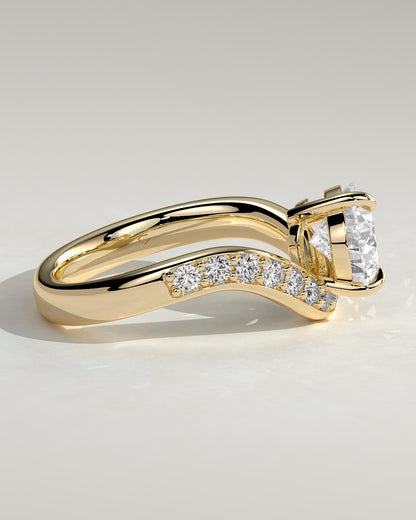Eliza - Pear Claw Solitaire with Bead Set Pave Wave Band and East West Setting Engagement Ring - Yellow Gold