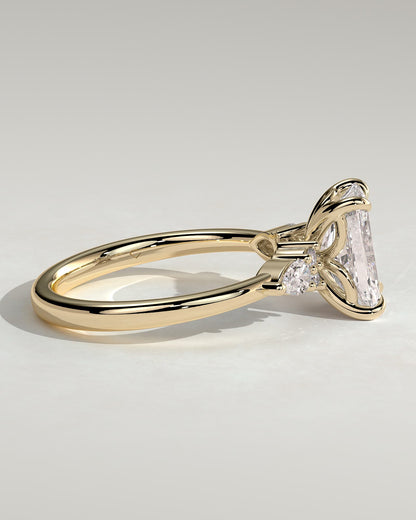 Heidi - Radiant Claw Solitaire with Pear Accents and Round Shoulder Stones Engagement Ring - Yellow Gold