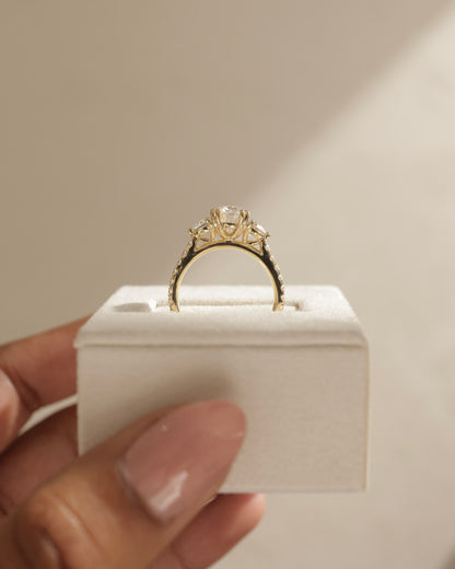 Meghan - Elongated Cushion Double Claw Trilogy with Round Side Stones, Pave Band and Cathedral Setting Engagement Ring - Platinum