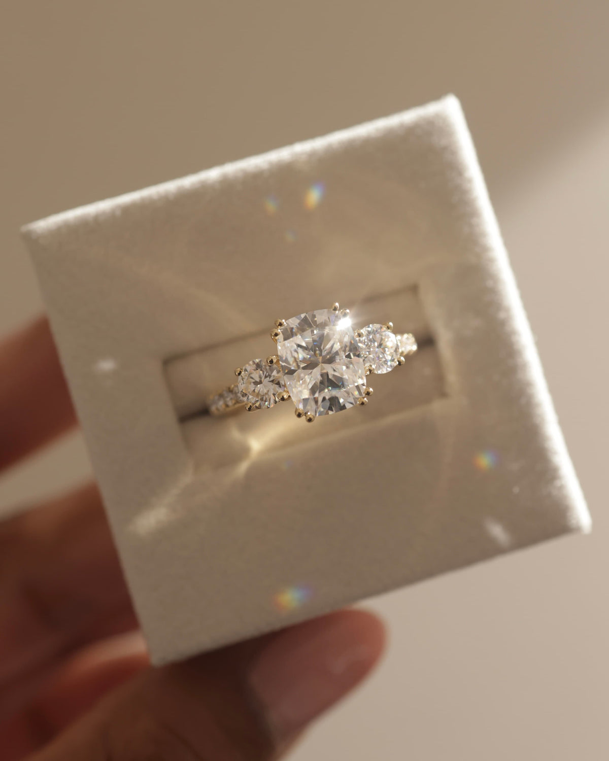 Meghan - Elongated Cushion Double Claw Trilogy with Round Side Stones, Pave Band and Cathedral Setting Engagement Ring - Platinum