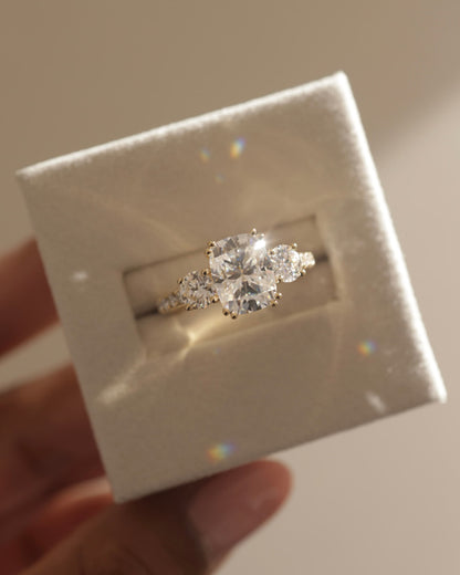 Meghan - Elongated Cushion Double Claw Trilogy with Round Side Stones, Pave Band and Cathedral Setting Engagement Ring - Platinum