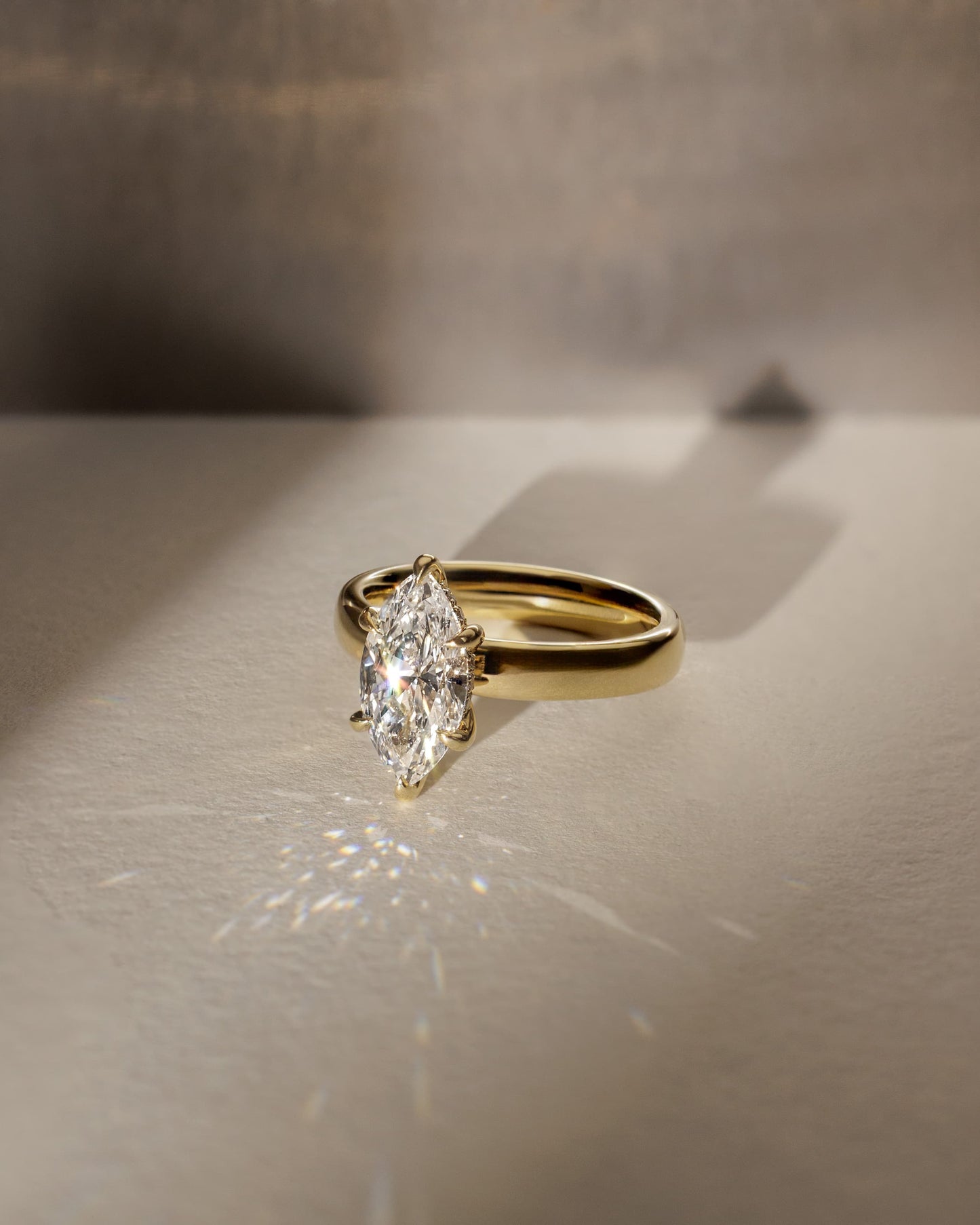 Gigi - Marquise Claw Solitaire with Cigar Band and Hidden Halo Engagement Ring - Yellow Gold
