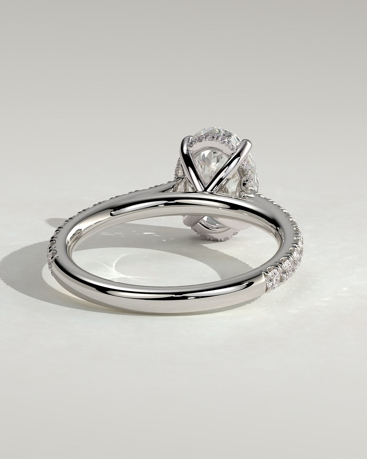 Julia - Oval Claw Solitaire with Hidden Halo, Pave Band and Cathedral High Setting Engagement Ring - Platinum