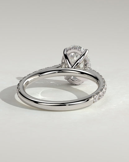 Julia - Oval Claw Solitaire with Hidden Halo, Pave Band and Cathedral High Setting Engagement Ring - Platinum