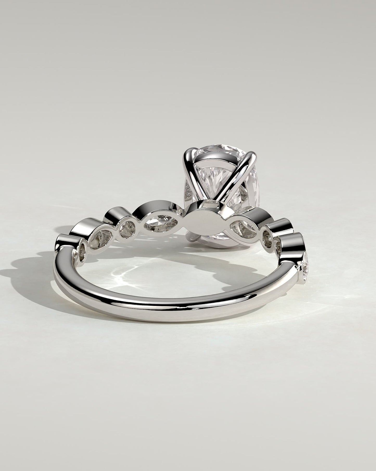 Carrie - Elongated Cushion Claw Solitaire with Round-Marquise Bezel Accent Stones Engagement Ring - White Gold