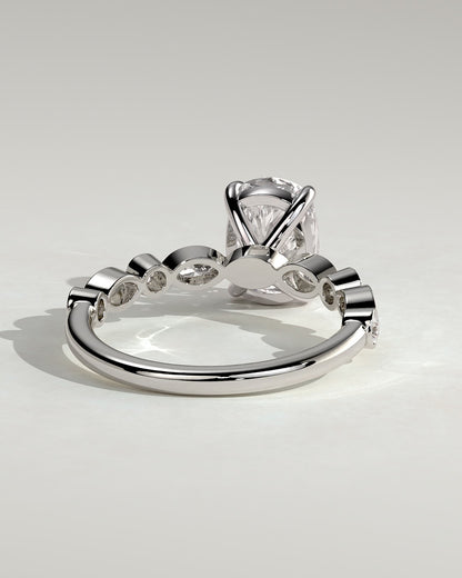 Carrie - Elongated Cushion Claw Solitaire with Round-Marquise Bezel Accent Stones Engagement Ring - White Gold