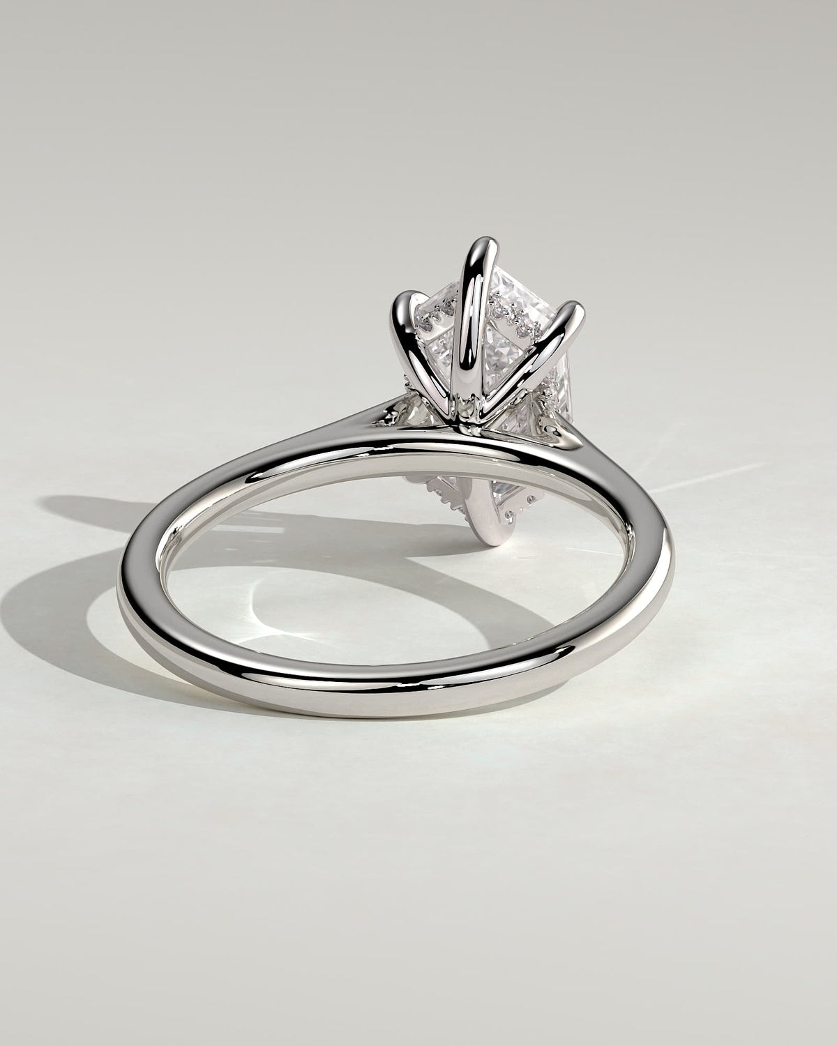 Anastasia - Elongated Hexagon Claw Solitaire with Hidden Halo and Cathedral High Setting Engagement Ring - White Gold