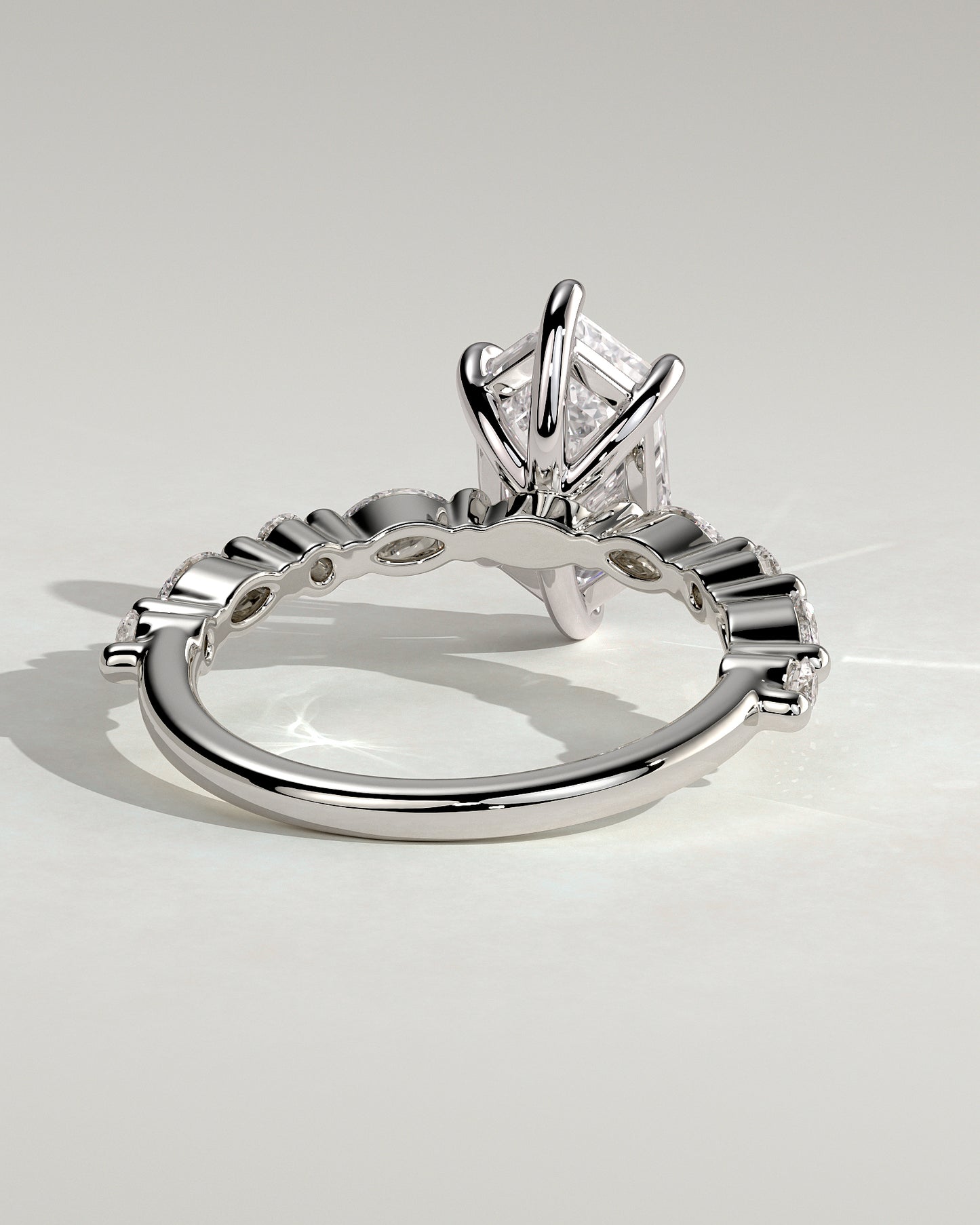 Agnes - Elongated Hexagon Claw Solitaire with Marquise and Round Accent Stones Engagement Ring - Platinum - White Gold / Platinum 2ct
