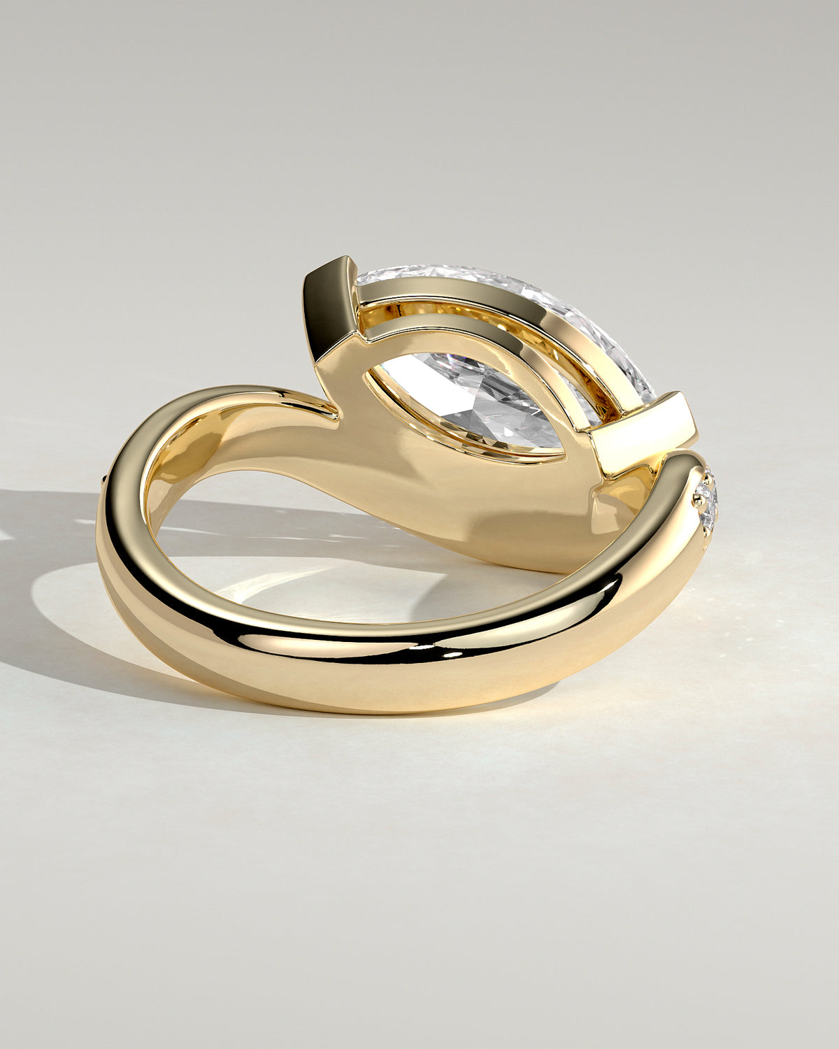 Lynn - Marquise Claw Solitaire with Bead Set Pave Wave Band and East West Setting Engagement Ring - Yellow Gold