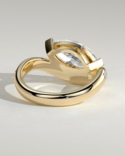 Lynn - Marquise Claw Solitaire with Bead Set Pave Wave Band and East West Setting Engagement Ring - Yellow Gold