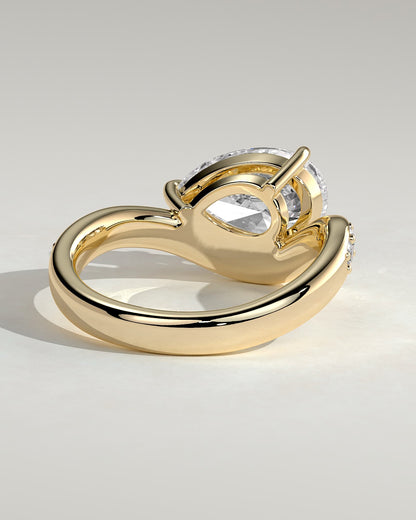 Eliza - Pear Claw Solitaire with Bead Set Pave Wave Band and East West Setting Engagement Ring - Yellow Gold