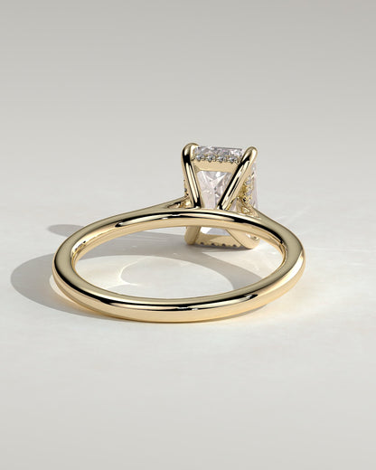 Angela - Radiant Claw Solitaire with Hidden Halo, Tapered Band and Cathedral High Setting Engagement Ring - Yellow Gold
