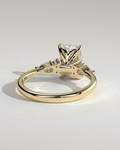 Heidi - Radiant Claw Solitaire with Pear Accents and Round Shoulder Stones Engagement Ring - Yellow Gold