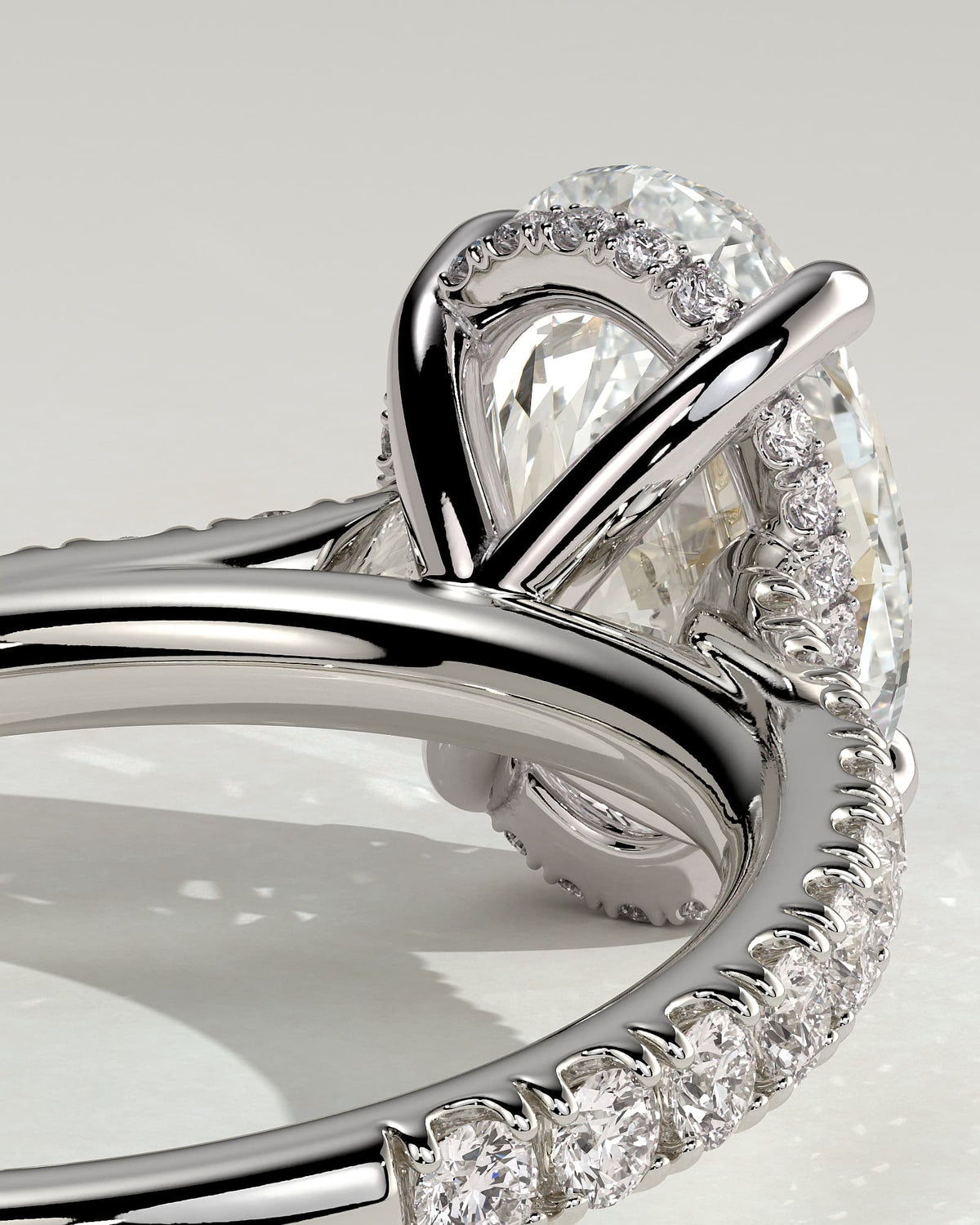 Julia - Oval Claw Solitaire with Hidden Halo, Pave Band and Cathedral High Setting Engagement Ring - White Gold