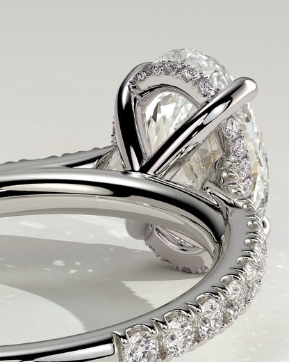 Julia - Oval Claw Solitaire with Hidden Halo, Pave Band and Cathedral High Setting Engagement Ring - White Gold