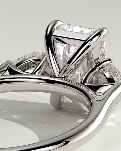 Jasmine - Radiant Claw Trilogy with Pear Side Stones and Cathedral Setting Engagement Ring - White Gold