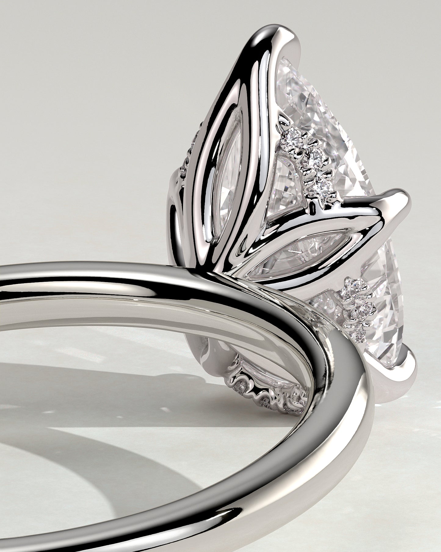 Blossom - Pear Claw Solitaire with Petal Gallery and Accented Tiara Detail Engagement Ring - Platinum - White Gold / Platinum 2ct