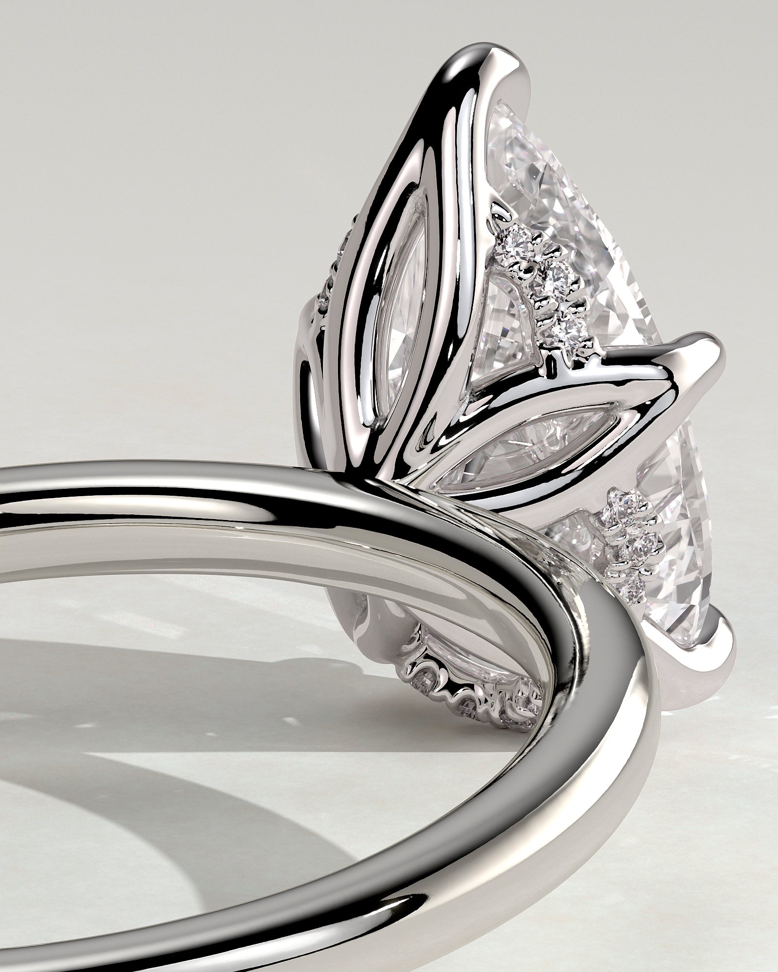 Blossom - Pear Claw Solitaire with Petal Gallery and Accented Tiara Detail Engagement Ring - Platinum - White Gold / Platinum 2ct