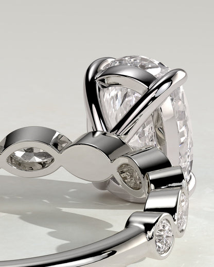 Carrie - Elongated Cushion Claw Solitaire with Round-Marquise Bezel Accent Stones Engagement Ring - Platinum