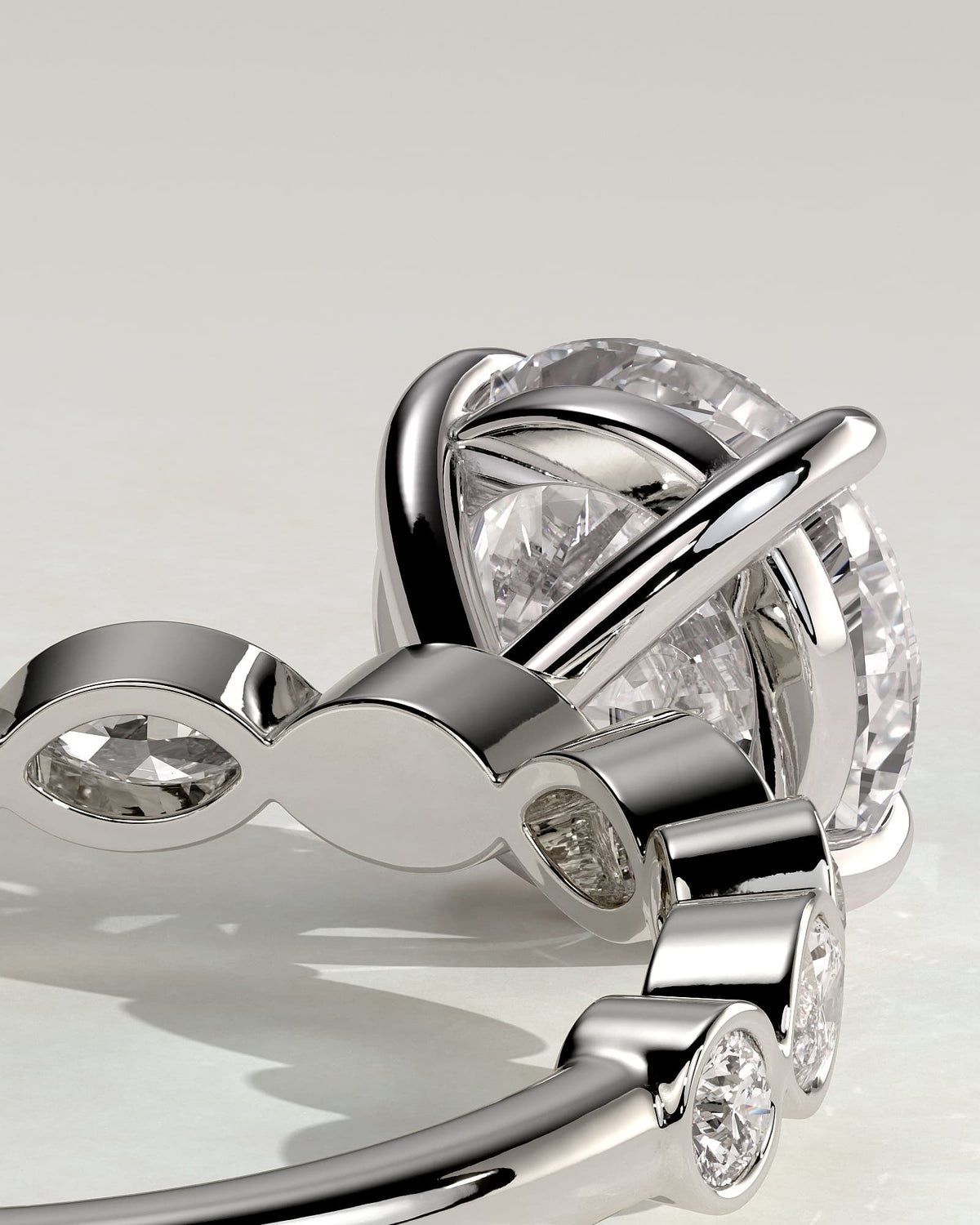 Cartia - Round Claw Solitaire with Round-Marquise Bezel Accent Stones Engagement Ring - White Gold