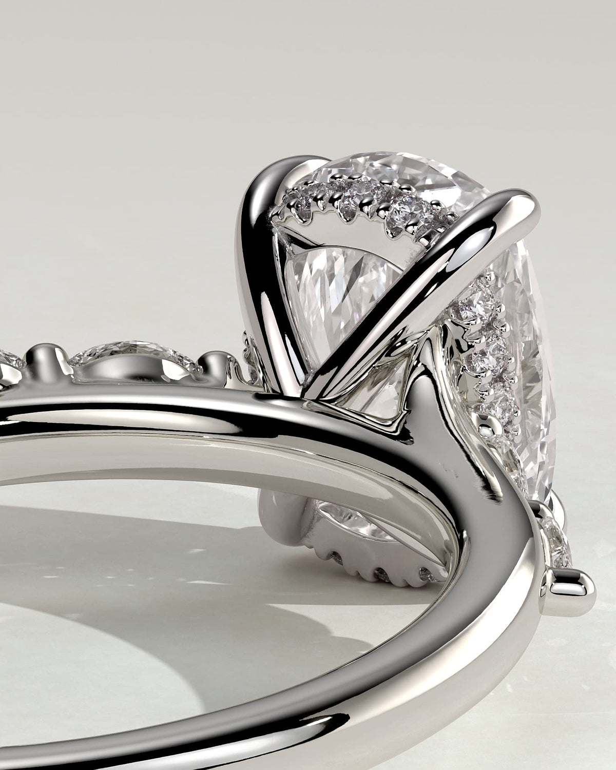 Elle - Elongated Cushion Claw Solitaire with Hidden Halo, Opposing Marquise Accents and Cathedral High Setting Engagement Ring - White Gold