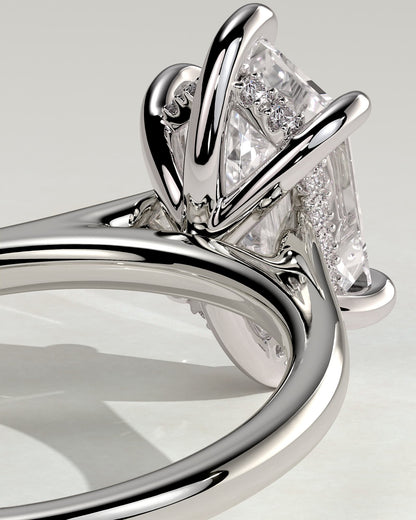 Anastasia - Elongated Hexagon Claw Solitaire with Hidden Halo and Cathedral High Setting Engagement Ring - Platinum