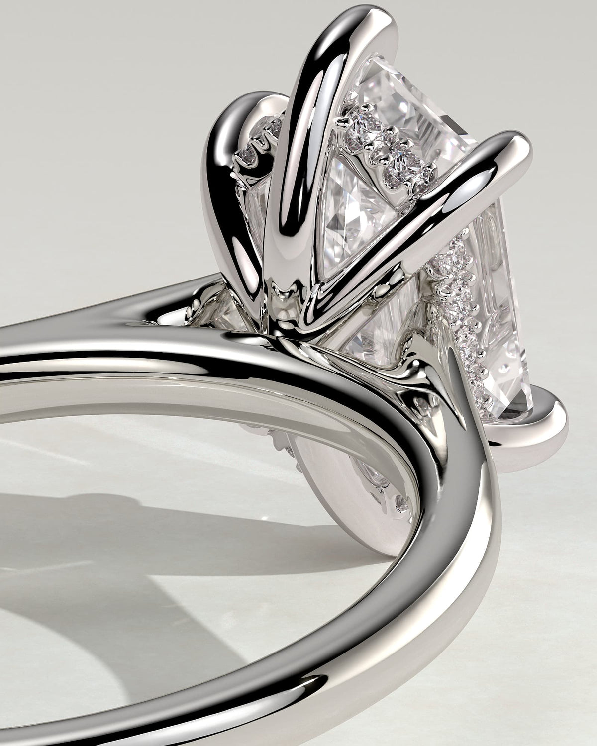 Anastasia - Elongated Hexagon Claw Solitaire with Hidden Halo and Cathedral High Setting Engagement Ring - White Gold