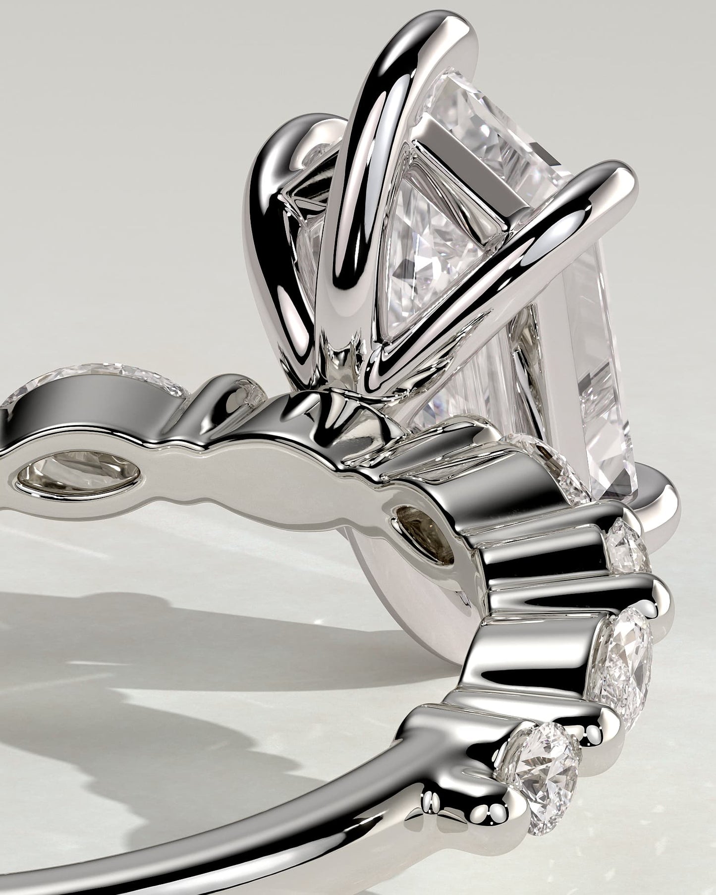 Agnes - Elongated Hexagon Claw Solitaire with Marquise and Round Accent Stones Engagement Ring - White Gold - white gold - Lara Jewels