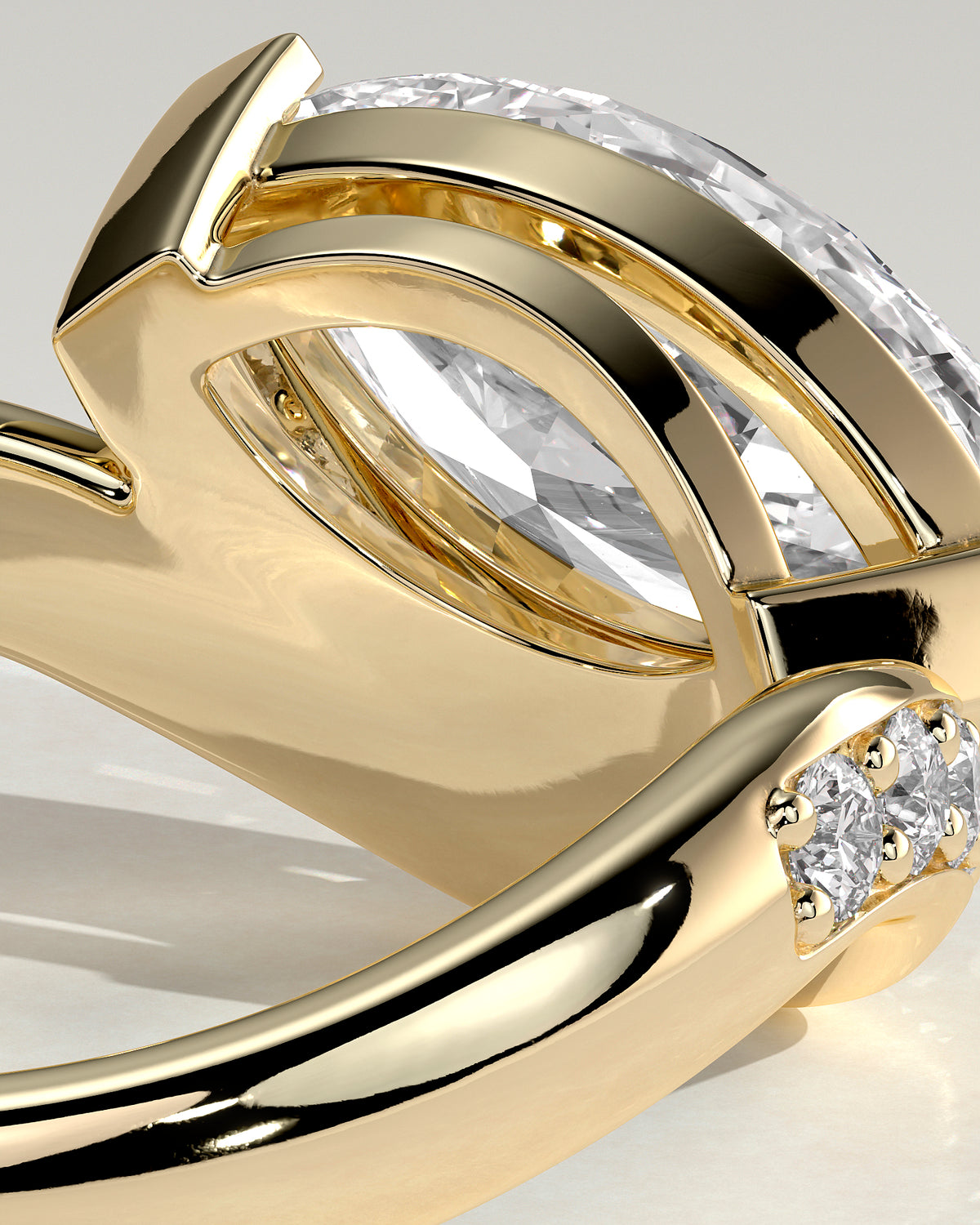 Lynn - Marquise Claw Solitaire with Bead Set Pave Wave Band and East West Setting Engagement Ring - Yellow Gold