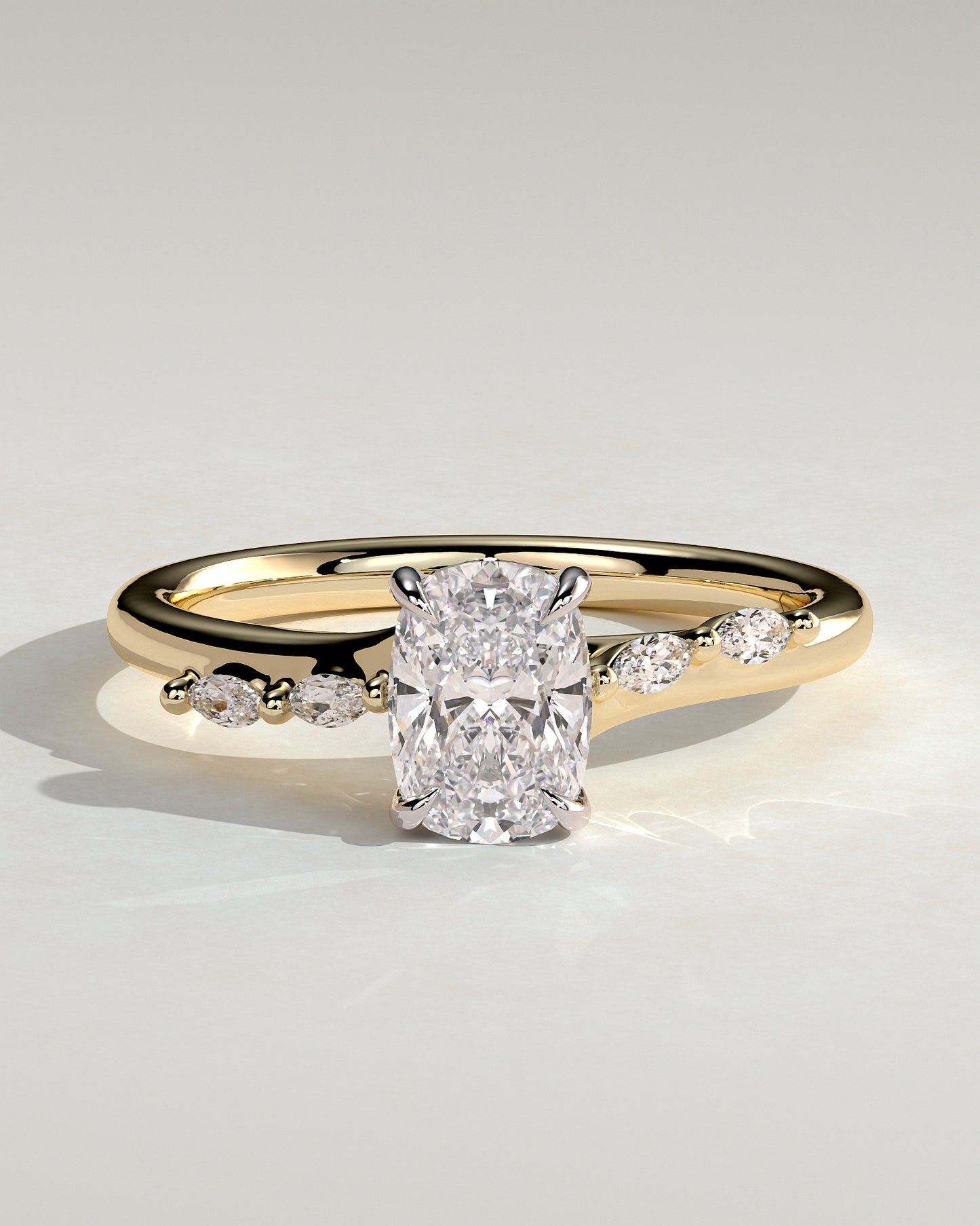 Elle - Elongated Cushion Claw Solitaire with Hidden Halo, Opposing Marquise Accents and Cathedral High Setting Engagement Ring - Yellow Two-Tone