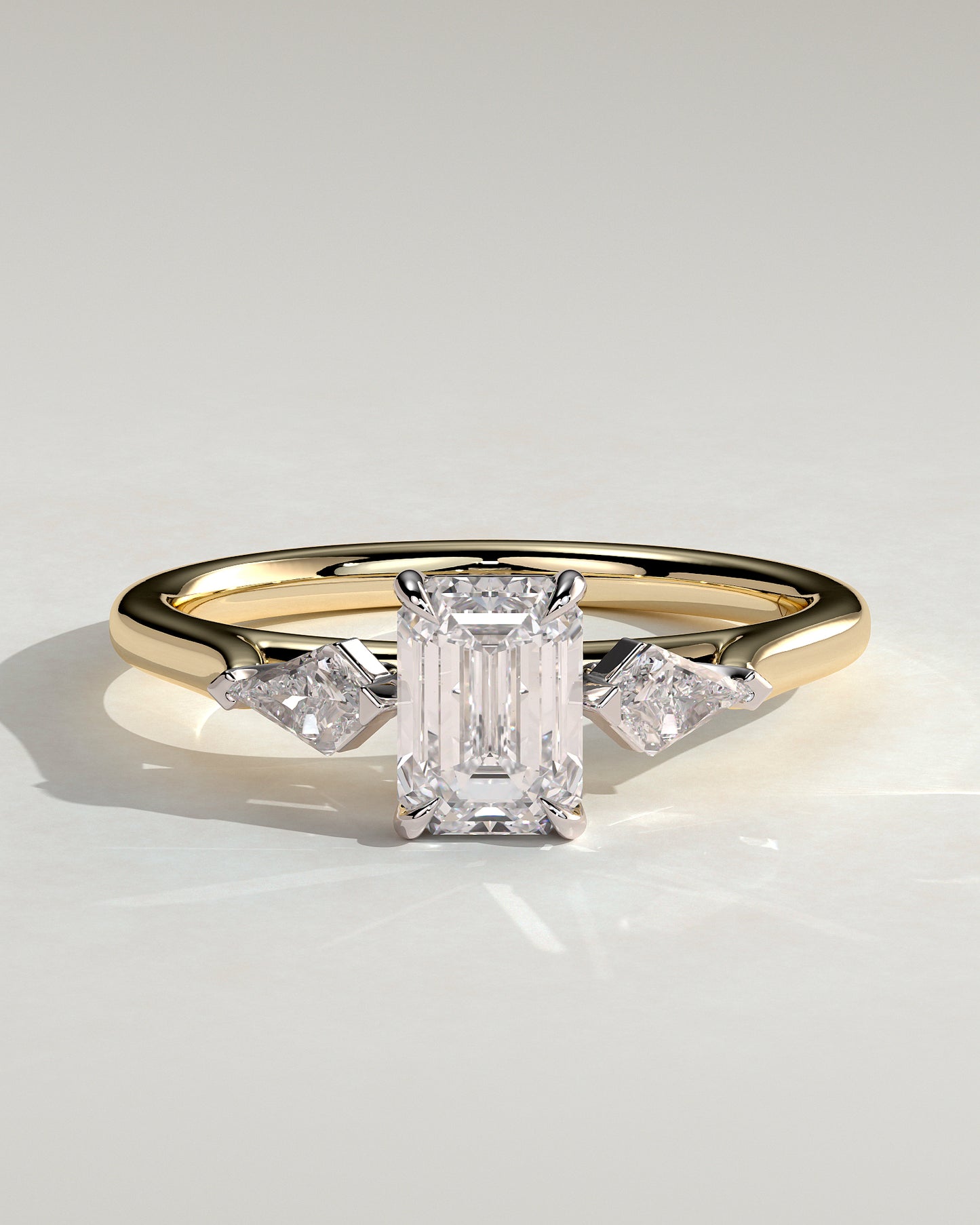 Elphie - Emerald Claw Trilogy with Kite Side Stones Engagement Ring - Yellow Two-Tone