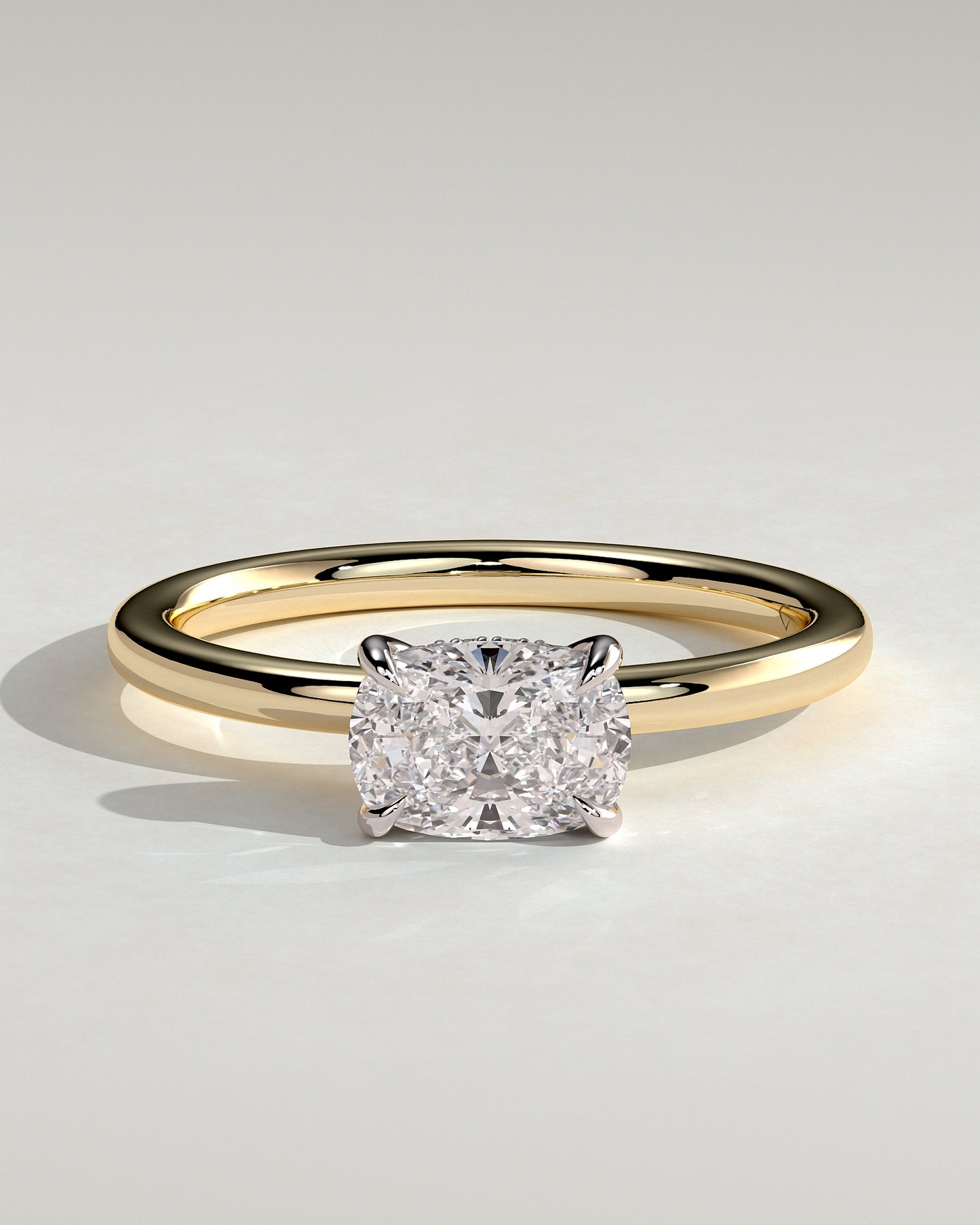 Frida - Elongated Cushion East West Claw Solitaire with Hidden Halo Engagement Ring - Yellow Two-Tone
