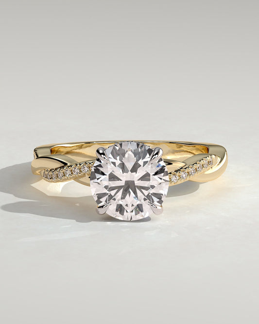 Lorelai - Round Claw Solitaire with Hidden Halo and Twisted Alternating Pave Band Engagement Ring - Yellow Two-Tone