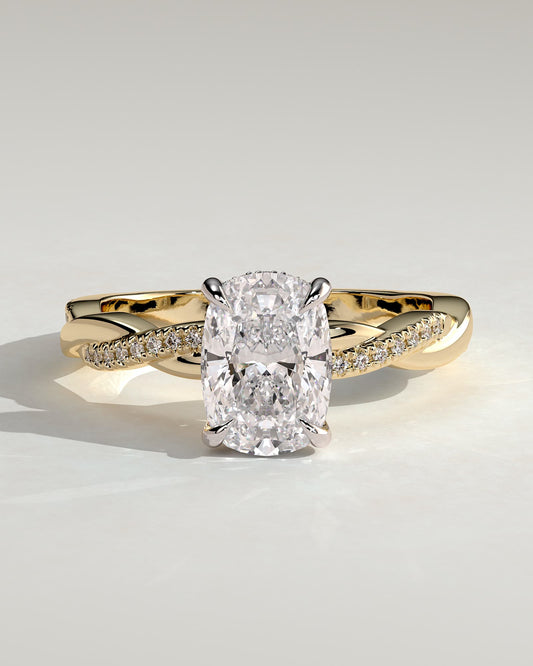 Violetta - Elongated Cushion Claw Solitaire with Hidden Halo and Twisted Alternating Pave Band Engagement Ring - Yellow Two-Tone
