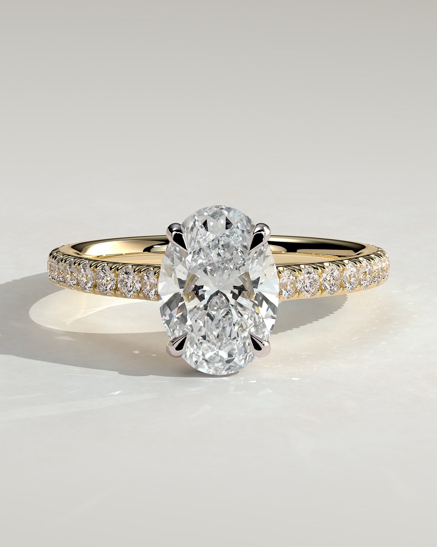 Julia - Oval Claw Solitaire with Hidden Halo, Pave Band and Cathedral High Setting Engagement Ring - Yellow Two-Tone