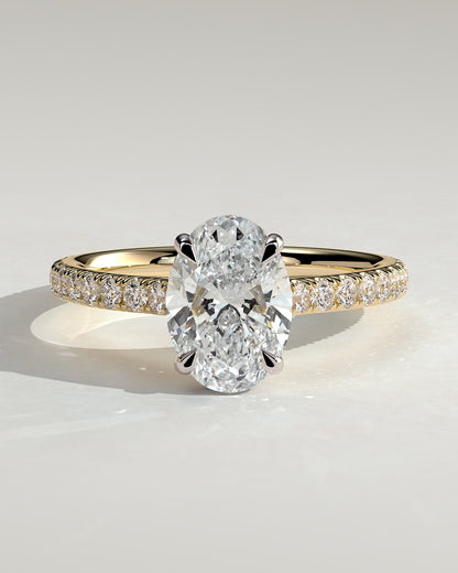 Julia - Oval Claw Solitaire with Hidden Halo, Pave Band and Cathedral High Setting Engagement Ring - Yellow Two-Tone