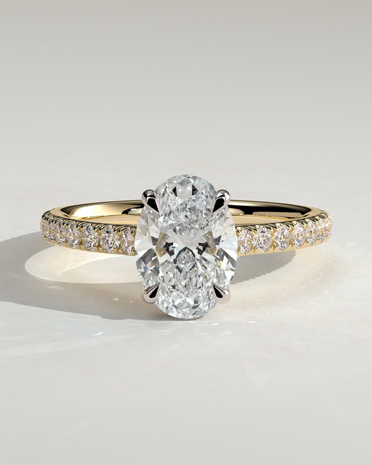 Julia - Oval Claw Solitaire with Hidden Halo, Pave Band and Cathedral High Setting Engagement Ring - Yellow Two-Tone