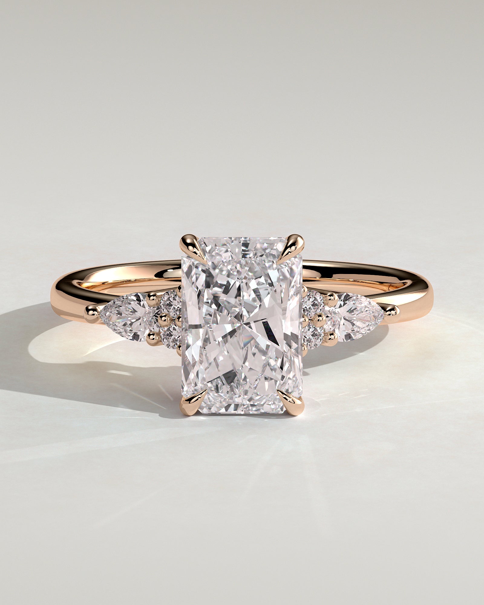 Heidi - Radiant Claw Solitaire with Pear Accents and Round Shoulder Stones Engagement Ring - Rose Gold - Rose Gold 2ct