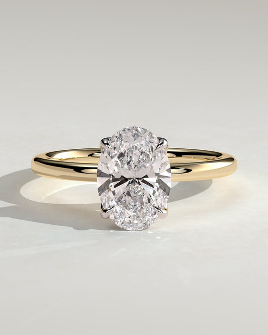 Aurelie - Oval Claw Solitaire with Petal Gallery and Accent Leaf Detail Engagement Ring - Yellow Two-Tone