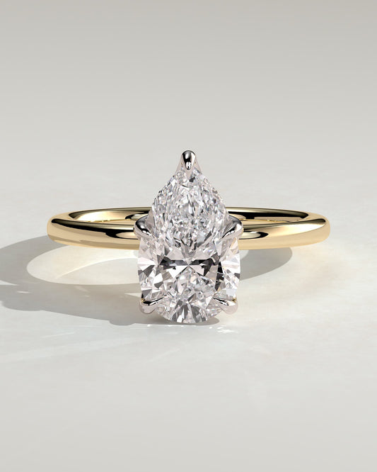 Blossom - Pear Claw Solitaire with Petal Gallery and Accented Tiara Detail Engagement Ring - Yellow Two-Tone