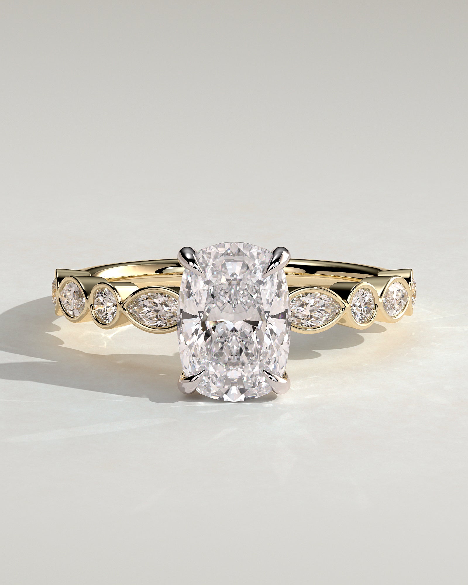 Carrie - Elongated Cushion Claw Solitaire with Round-Marquise Bezel Accent Stones Engagement Ring - Yellow Two-Tone - Yellow Two-Tone 2ct