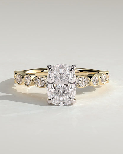Carrie - Elongated Cushion Claw Solitaire with Round-Marquise Bezel Accent Stones Engagement Ring - Yellow Two-Tone