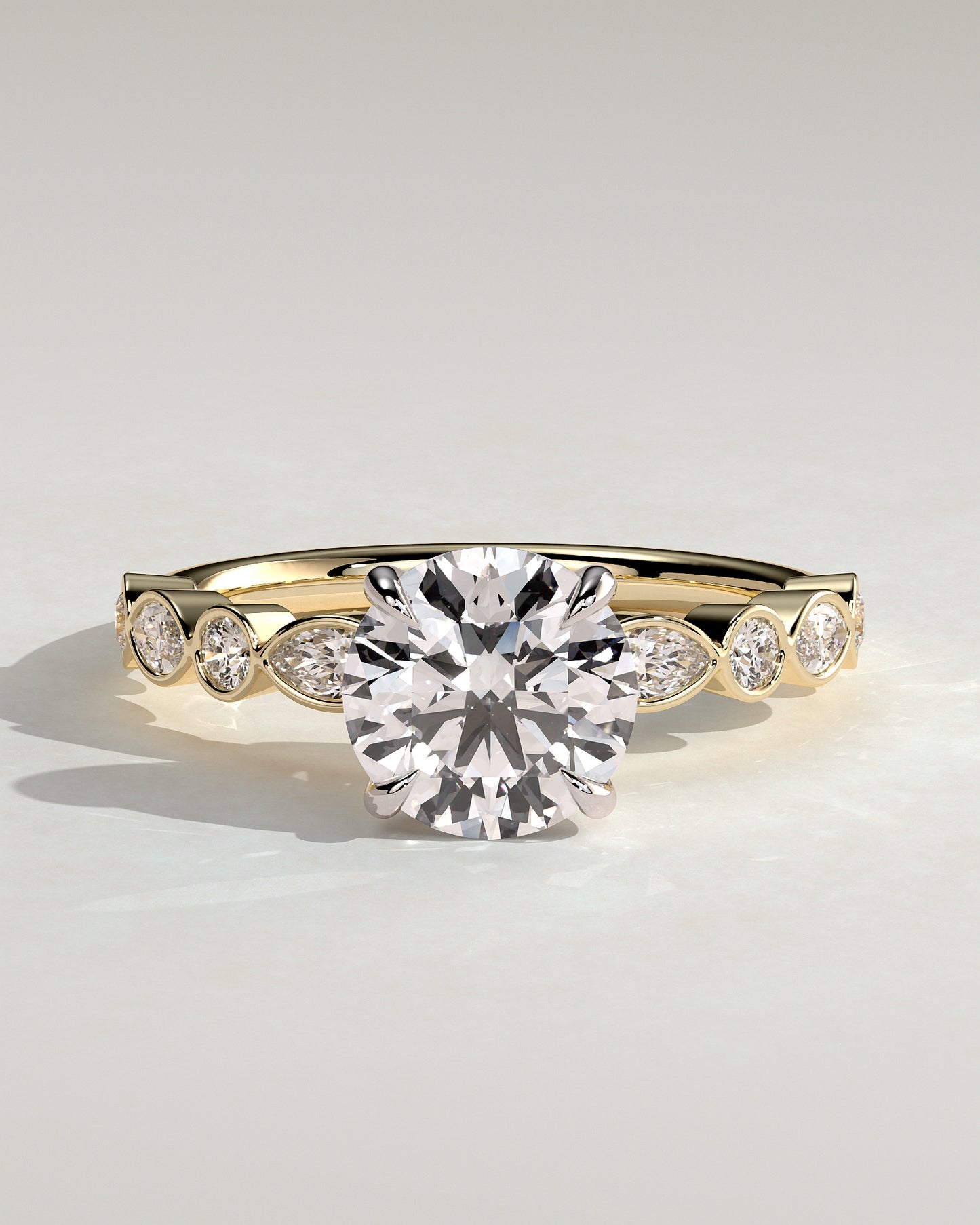 Cartia - Round Claw Solitaire with Round-Marquise Bezel Accent Stones Engagement Ring - Yellow Two-Tone - Yellow Two-Tone 2ct
