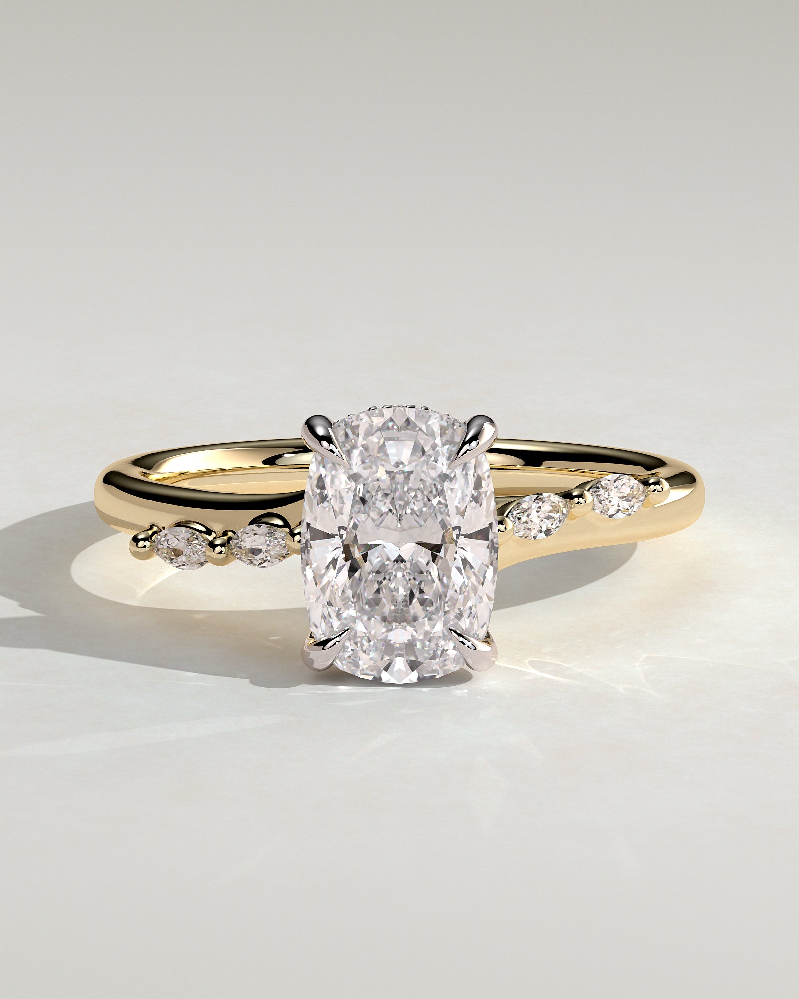 Elle - Elongated Cushion Claw Solitaire with Hidden Halo, Opposing Marquise Accents and Cathedral High Setting Engagement Ring - Yellow Two-Tone - Yellow Two-Tone 2ct