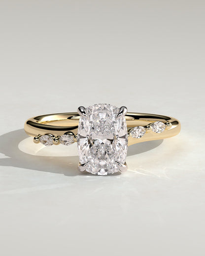 Elle - Elongated Cushion Claw Solitaire with Hidden Halo, Opposing Marquise Accents and Cathedral High Setting Engagement Ring - Yellow Two-Tone