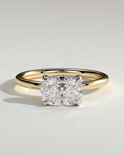 Frida - Elongated Cushion East West Claw Solitaire with Hidden Halo Engagement Ring - Yellow Two-Tone