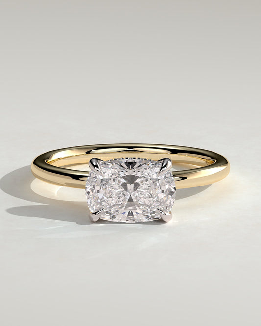 Frida - Elongated Cushion East West Claw Solitaire with Hidden Halo Engagement Ring - Yellow Two-Tone